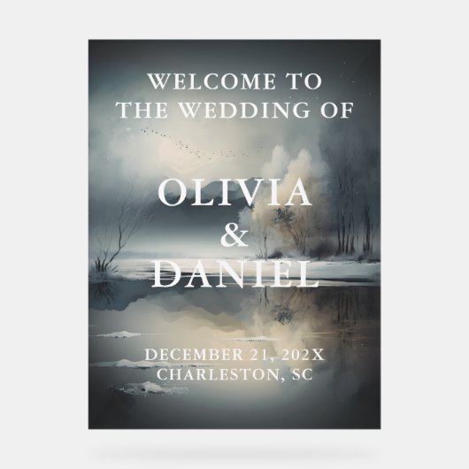 Moody moderne winter bruiloft welkom acryl bord (Voorkant)