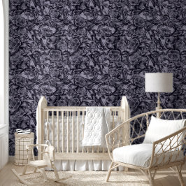 Moody Monochrome Diep Navy Blauw Bloemen Patroon Behang