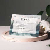 Moody Mountain Forest Lakeside Wedding RSVP Kaart