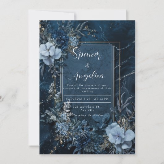 Moody Navy Blue Floral Faire-part de mariage (Devant)