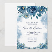 Moody Navy Blue Smoke Floral Invitation (Devant / Derrière)