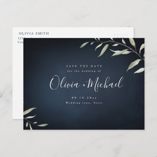 Moody navy miniem groen sparen de datum aankondigingskaart (Voorkant / Achterkant)