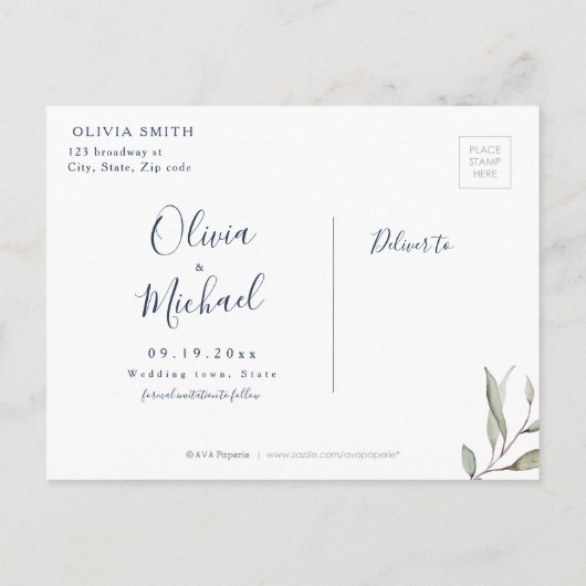 Moody navy miniem groen sparen de datum aankondigingskaart (Achterkant)