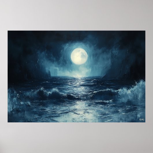 Moody Ocean Moonlight Scene met Golven Crashing Poster (Voorkant)