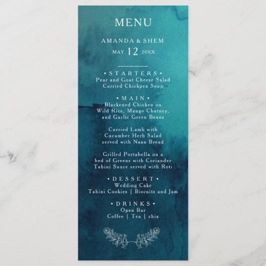 Moody Ocean Watercolor Mariage Dinner Menu (Devant)