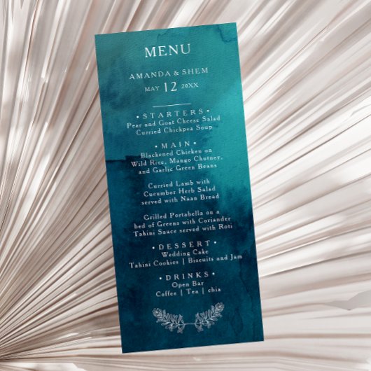Moody Ocean Watercolor Mariage Dinner Menu