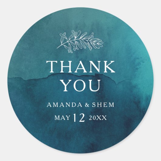 Moody Ocean Waterverf Dank u bruiloft gunst Ronde Sticker (Voorkant)