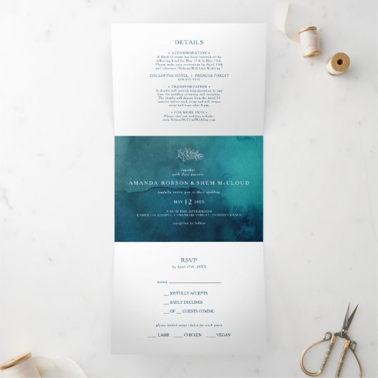 Moody Ocean Waterverf Wedding all in één drievoudi Drieluik Uitnodiging (Binnen)