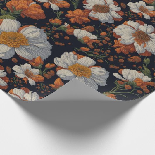 Moody oranje witte elegante retro bloemen cadeaupapier (Hoek)