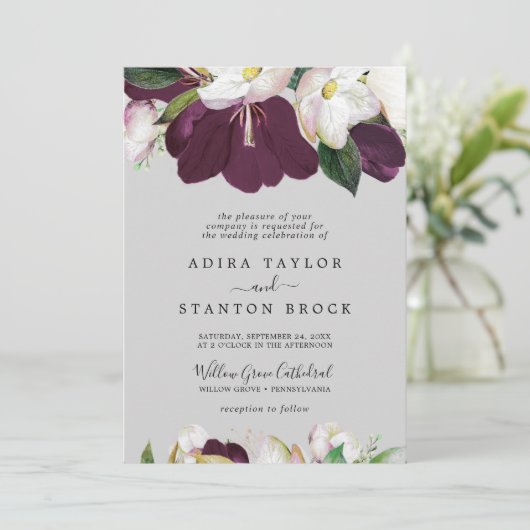Moody Paarse Blooms | Grijze officiële bruiloft Kaart (Staand voorkant)