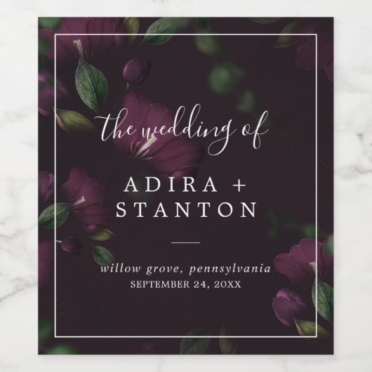 Moody Paarse Blooms | Zwarte Patroonbruiloft Wijn Etiket (Enkel label)