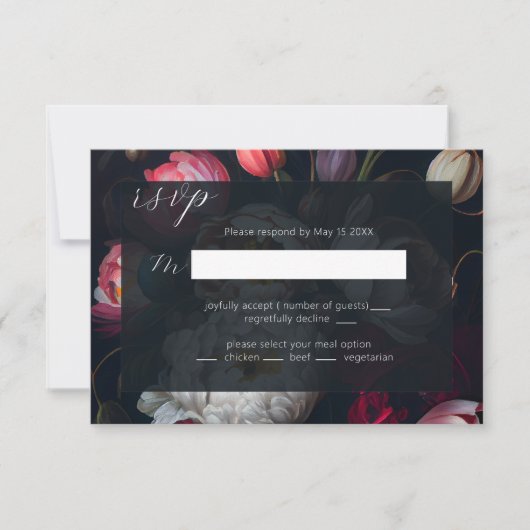 Moody Peony, Mariage peint noir carte RSVP (Devant)