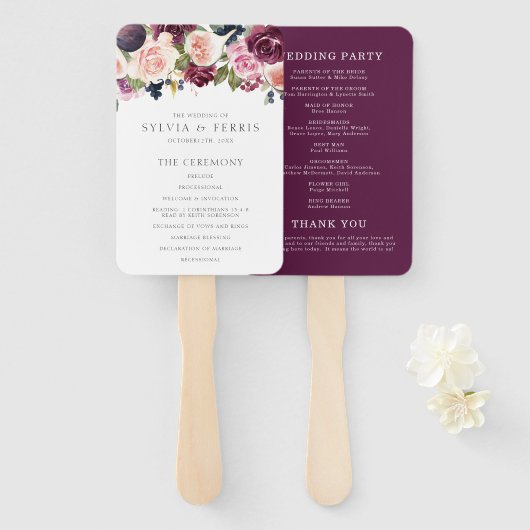 Moody Plum Floral en Fig Wedding Programme Handwaaier (Voorkant en achterkant)
