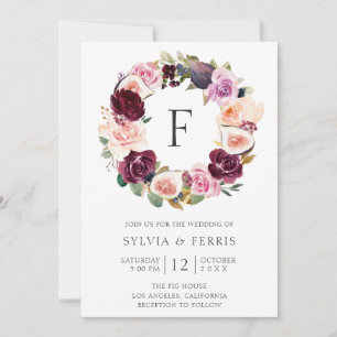 Moody Plum Floral en Fig Wreath Monogram Wedding Kaart