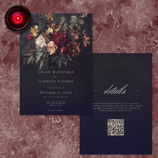 Moody Romantic Dark Floral Gothic QR Code Wedding Kaart
