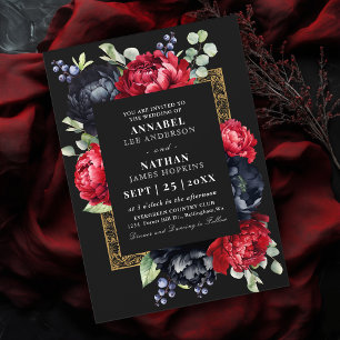 Moody rood en zwart Elegant Bloemen Huwelijk Kaart