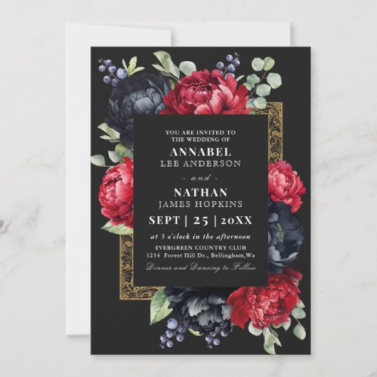Moody rood en zwart Elegant Bloemen Wedding QR-cod Kaart (Voorkant)