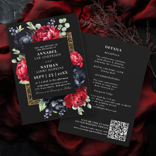 Moody rood en zwart Elegant Bloemen Wedding QR-cod Kaart