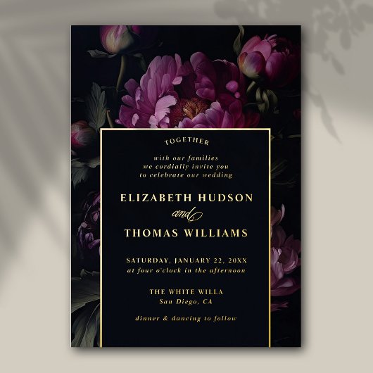 Moody roze pioen moderne elegante bruiloft folie uitnodiging