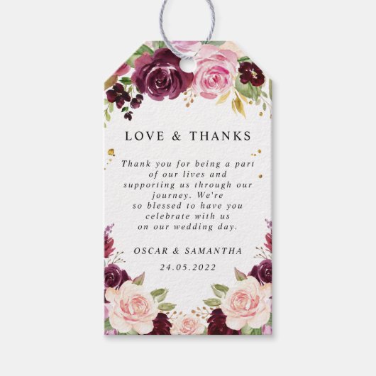 Moody & Rustic Burgundy Waterverf Flowers & Leaf Cadeaulabel (Voorkant)