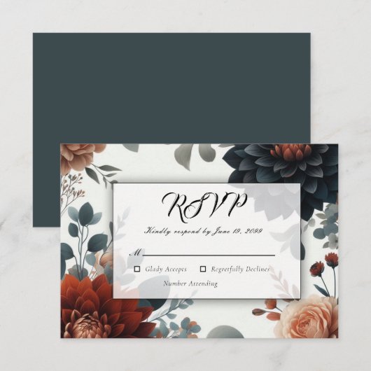 Moody Rustic Fall Florals Wedding RSVP Kaartje (Voorkant / Achterkant)