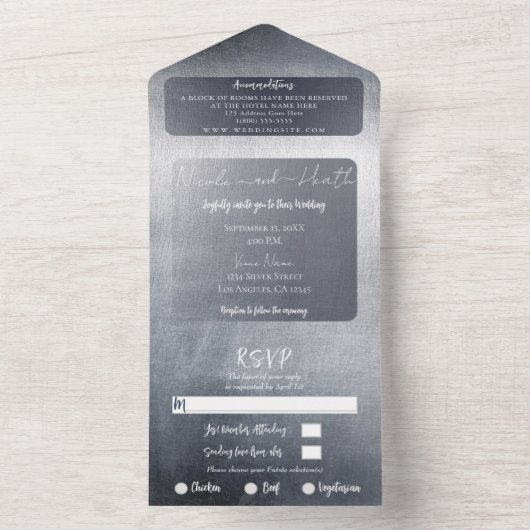 Moody Silver Glam Modern Elegant Wedding All In One Uitnodiging (Binnen)