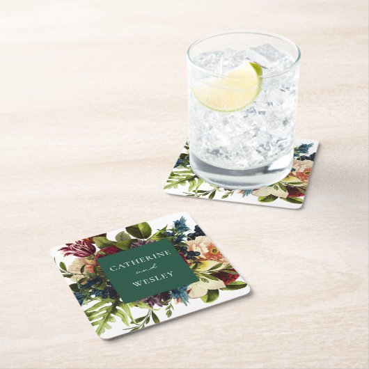 Moody smaragdgroene winter bloemenbruiloft vierkante kartonnen onderzetter (Insitu)