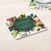 Moody smaragdgroene winter bloemenbruiloft vierkante kartonnen onderzetter (Schuin)