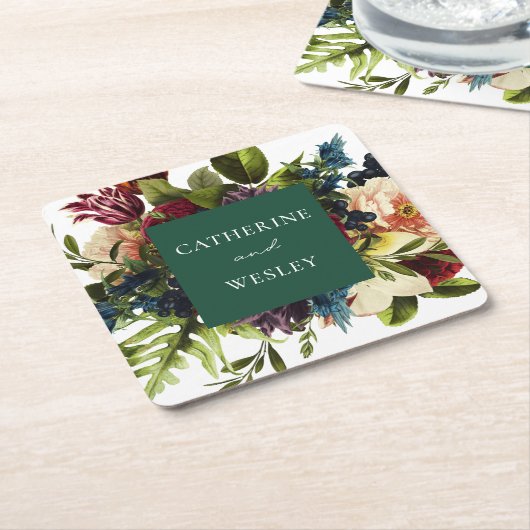 Moody smaragdgroene winter bloemenbruiloft vierkante kartonnen onderzetter (Schuin)
