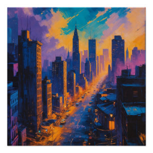 Moody stadsbeeld bij schemering met neonlichten perfect poster