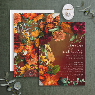 Moody Sunset Colors Floral Script Wedding Invitati Kaart