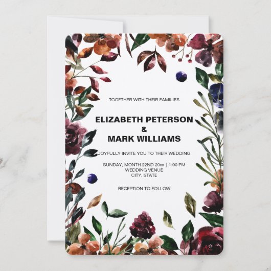 Moody Watercolor Florals Faire-part de mariage cad (Devant)