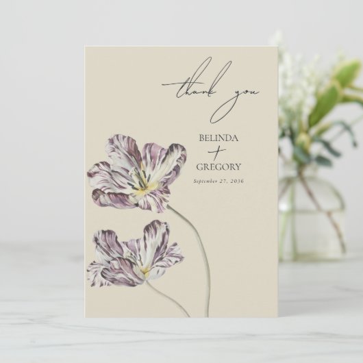 Moody Waterverf Paarse Tulpen bruiloft Bedankkaart (Staand voorkant)