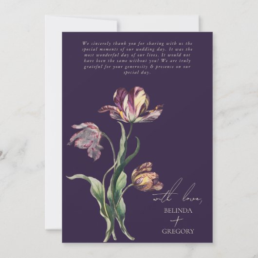 Moody Waterverf Paarse Tulpen bruiloft Bedankkaart (Achterkant)