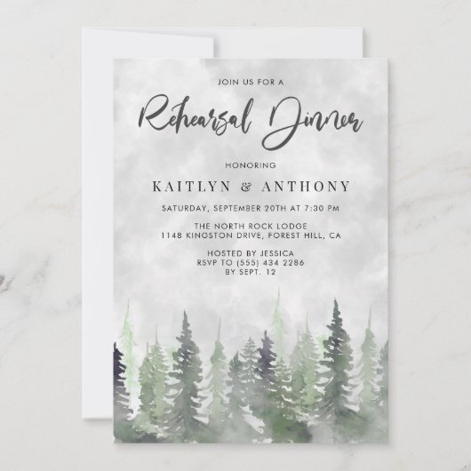 Moody Waterverf Pine Tree Forest Rehearsal Dinner Kaart (Voorkant)