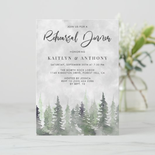 Moody Waterverf Pine Tree Forest Rehearsal Dinner Kaart (Staand voorkant)