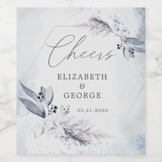 Moody Winter Blauwe Waterverf Bloemmonogram Wijn Etiket (Enkel label)