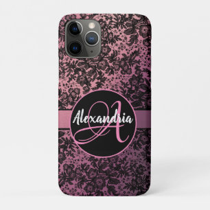 Moody Zwart Bloemen op Roze Monogram iPhone 11 Pro Hoesje