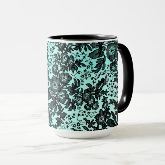 Moody Zwart Bloemen op Turquoise Monogram Mok (Voorkant rechts)