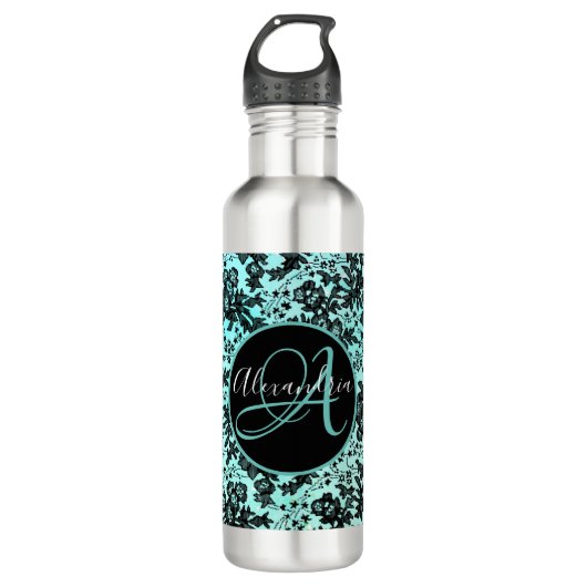 Moody Zwart Bloemen op Turquoise Monogram Waterfles (Voorkant)