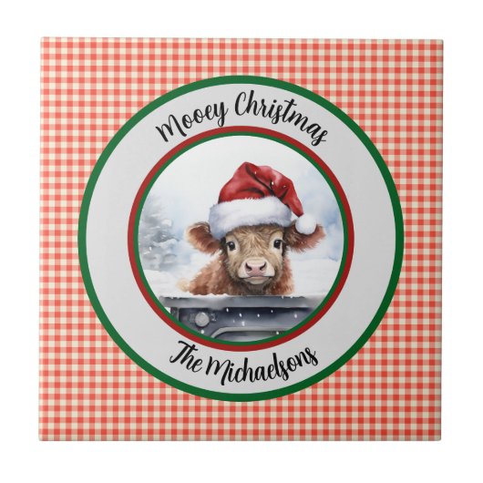Mooey Christmas Funny Highland Cow Red Gingham Tegeltje (Voorkant)