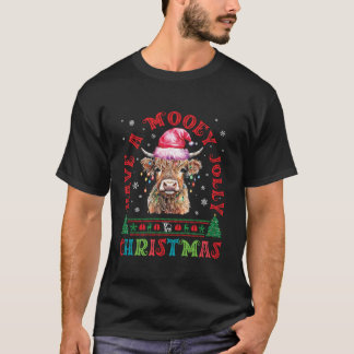 Mooey Jolly Christmas Scottish Highland Koe Famili T-shirt
