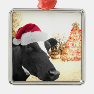 Mooey Kerstwinter Cow in Santa Hat Metalen Ornament