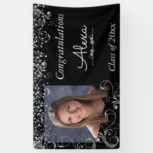 Mooi, Afstuderen, Silver Glitter en Confetti Spandoek (Verticaal)