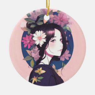 Mooi anime meisje gekroond met bloemen keramisch ornament
