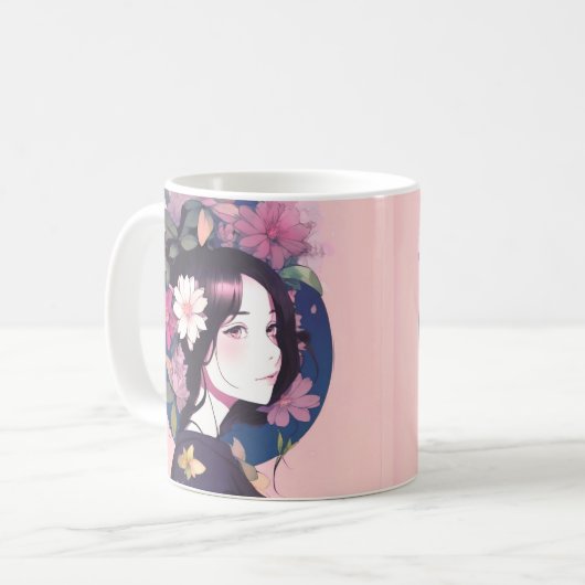 Mooi anime meisje gekroond met bloemen koffiemok (Voorkant links)
