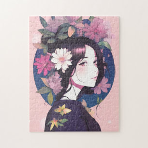 Mooi anime meisje gekroond met bloemen legpuzzel