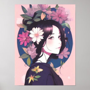 Mooi anime meisje gekroond met bloemen poster