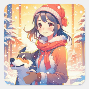 Mooi anime meisje met husky hond kerst vierkante sticker