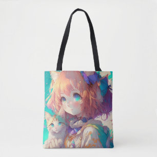 Mooi anime meisje met schattig kitten draagtas